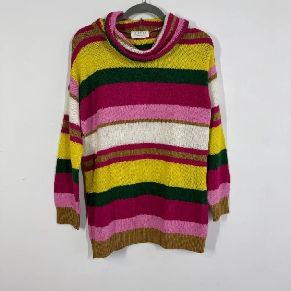 Eighty2 by Figaro Multicolor Rainbow Striped Wool Blend Cowl Neck Sweater Size S